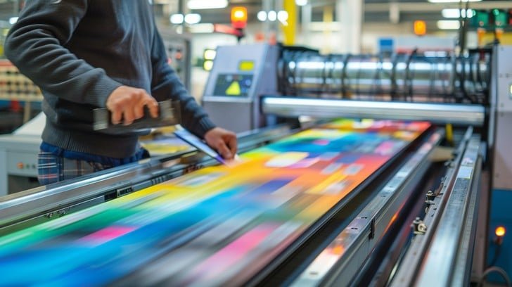 A modern, large-format printing press in operation